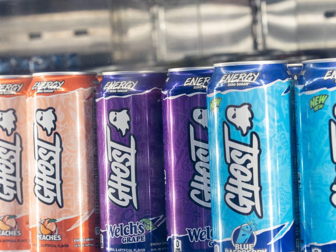 Fridge stocked with Ghost Energy drinks and refreshments